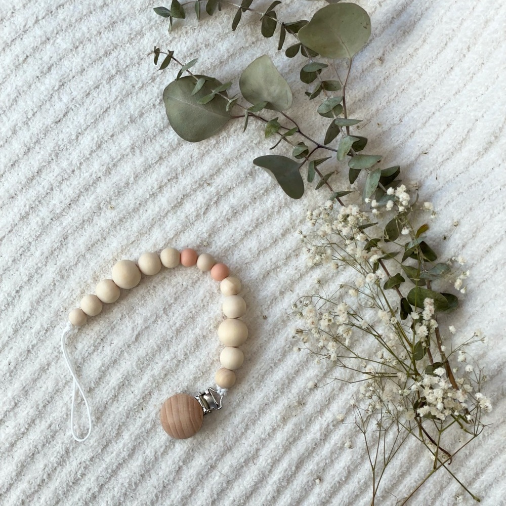 Neutral Silicone and Wood Bead Pacifier/Teether Clip